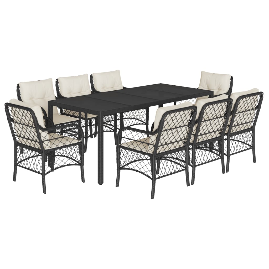 9-dijelni vrtni blagovaonski set s jastucima crni od poliratana Crna 190 cm table length