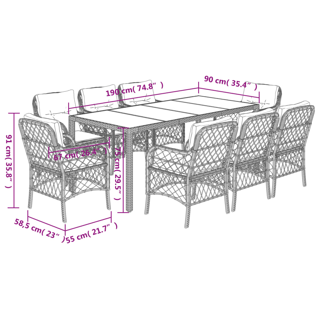 9-dijelni vrtni blagovaonski set s jastucima crni od poliratana Crna 190 cm table length