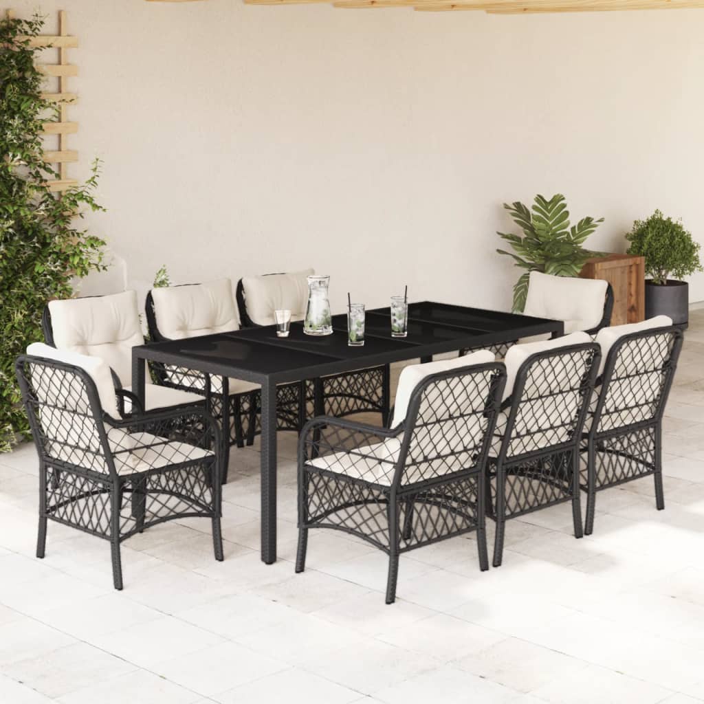 9-dijelni vrtni blagovaonski set s jastucima crni od poliratana Crna 190 cm table length