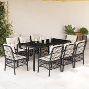 9-dijelni vrtni blagovaonski set s jastucima crni od poliratana Crna 190 cm table length