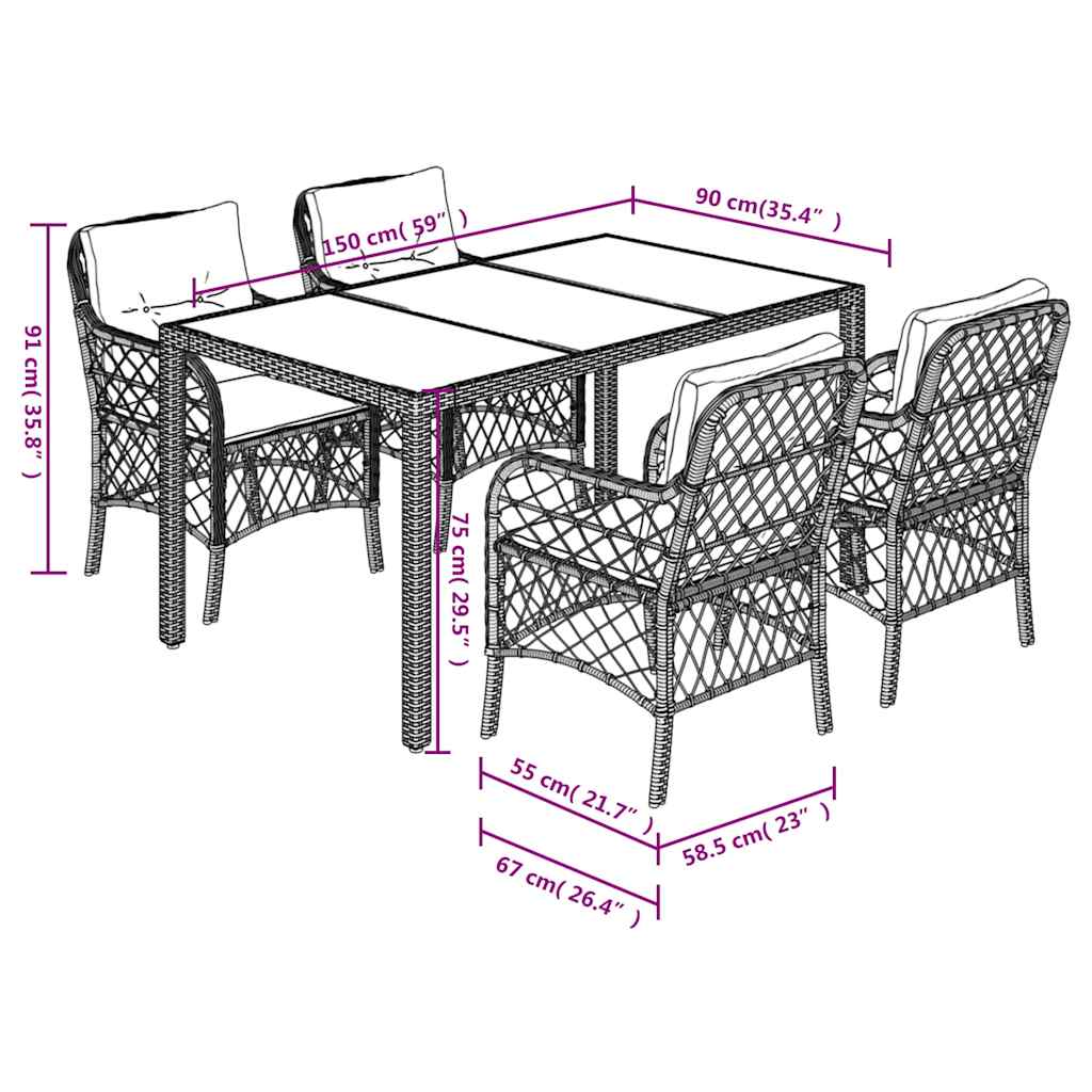 5-dijelni vrtni blagovaonski set s jastucima od poliratana crni Crna 150 cm table length