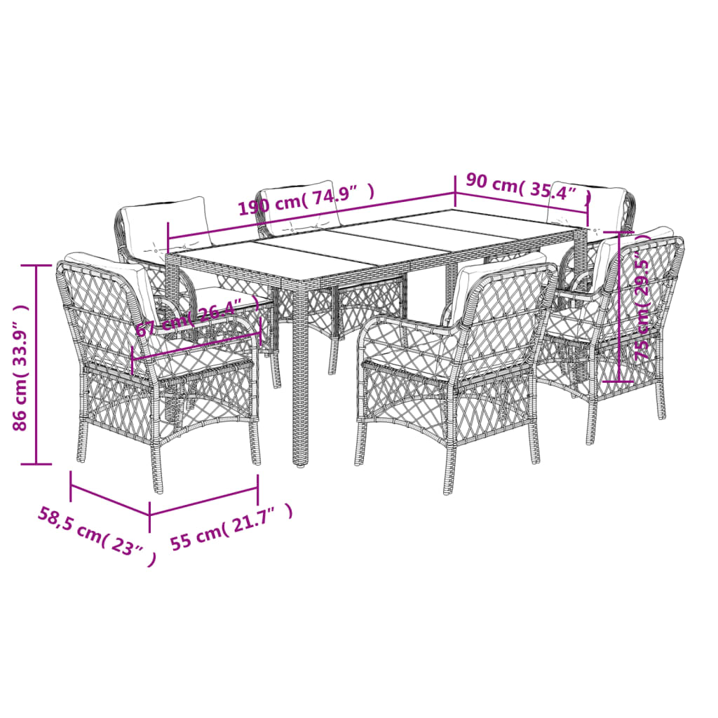 7-dijelni vrtni blagovaonski set sivi od poliratana Siva 190 cm table length