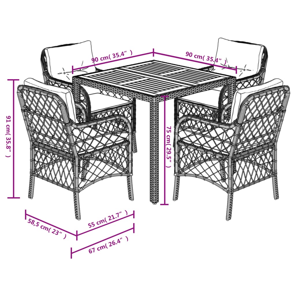 5-dijelni vrtni blagovaonski set s jastucima od poliratana crni Crna 90 cm table length