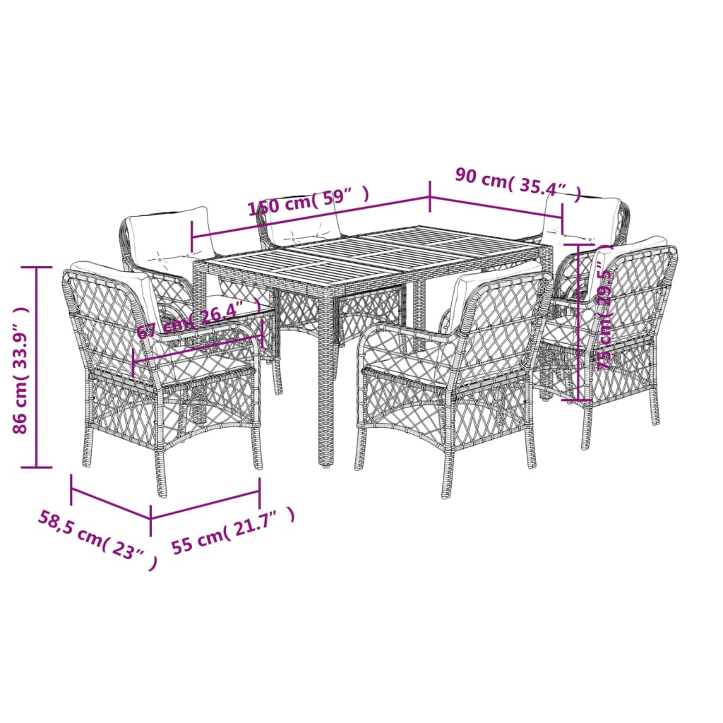 7-dijelni vrtni blagovaonski set s jastucima crni od poliratana Crna 150 cm table length