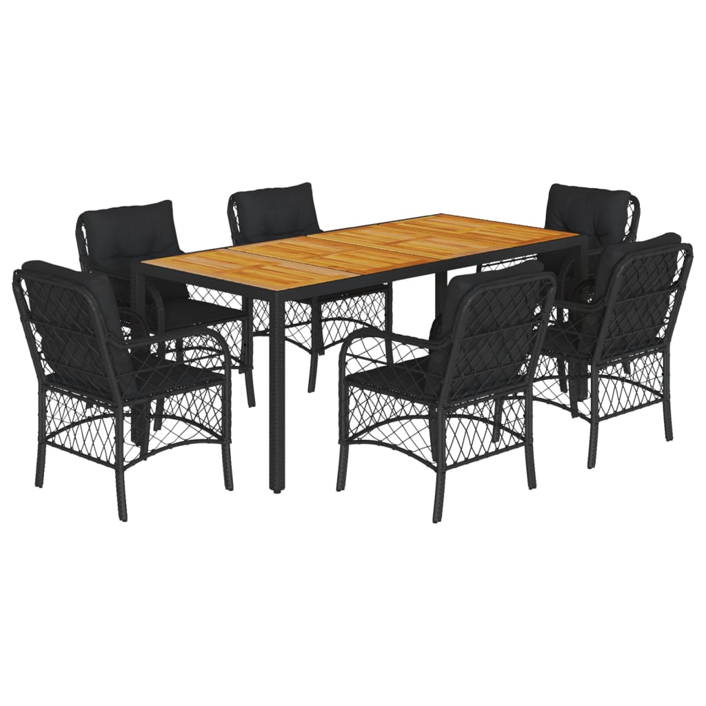 7-dijelni vrtni blagovaonski set s jastucima crni od poliratana Crna Dužina stola 190 cm