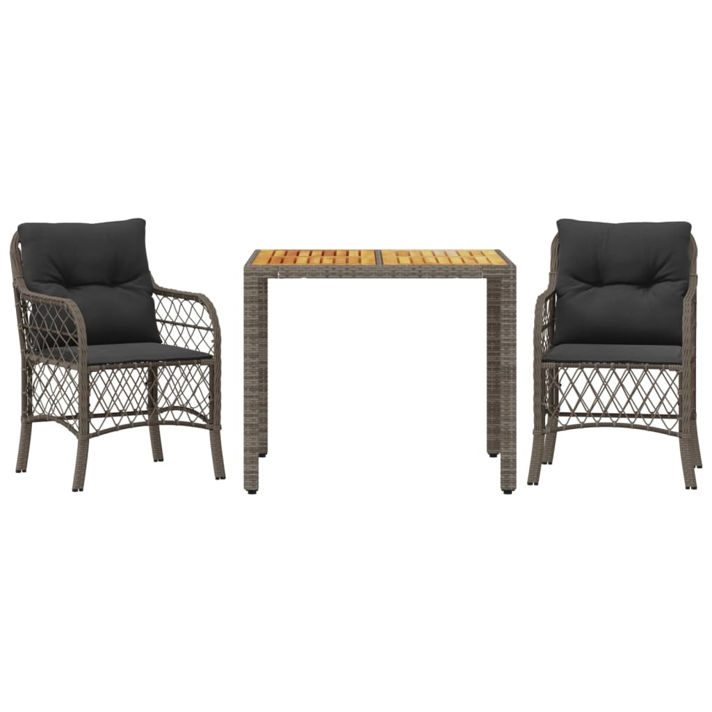 3-dijelni bistro set od poliratana s jastucima sivi Siva 90 cm table length