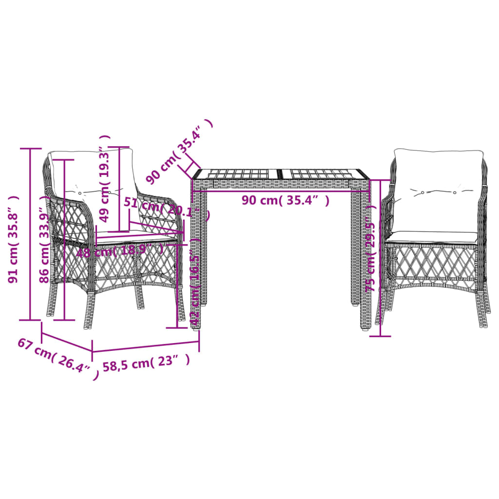3-dijelni bistro set od poliratana s jastucima sivi Siva 90 cm table length
