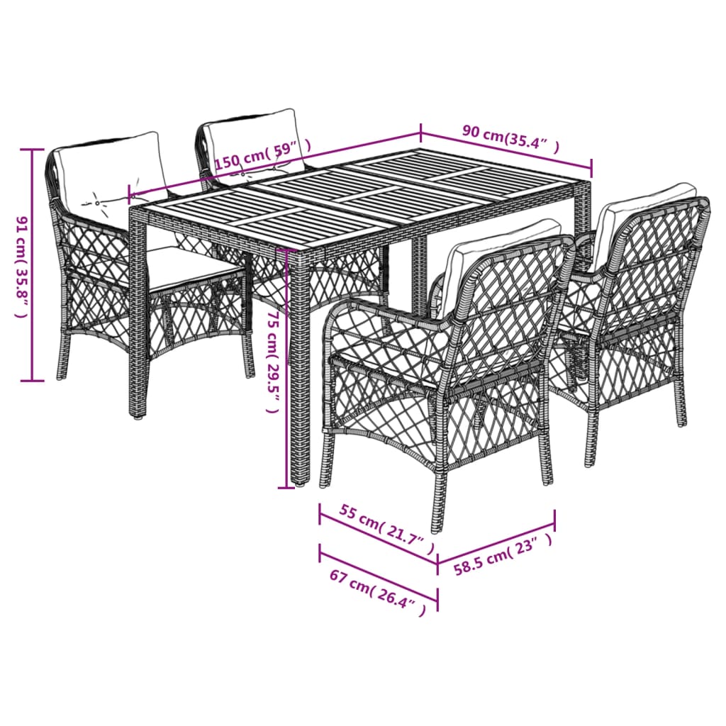 5-dijelni vrtni blagovaonski set sivi od poliratana Siva 150 cm table length