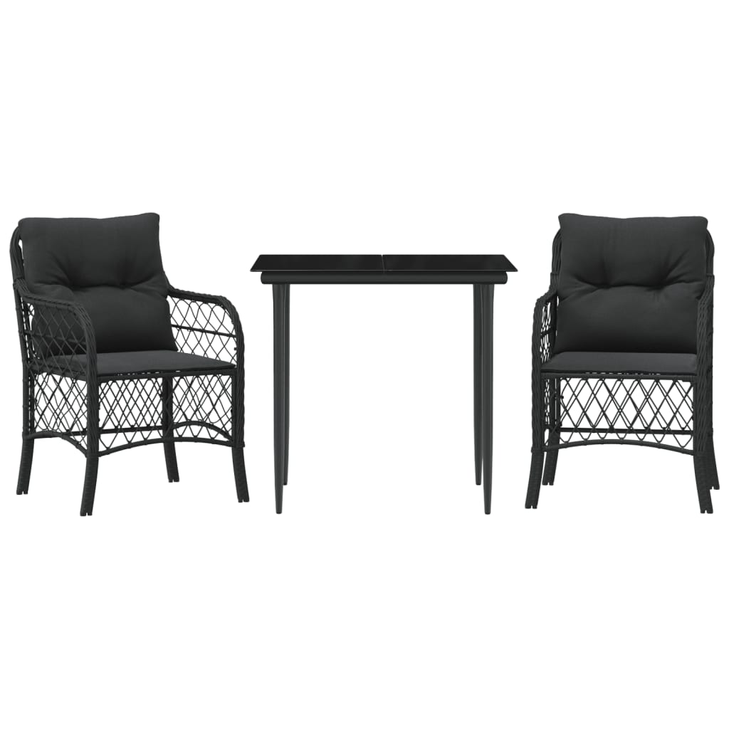 3-dijelni bistro set s jastucima crni od poliratana Crna 80 cm table length