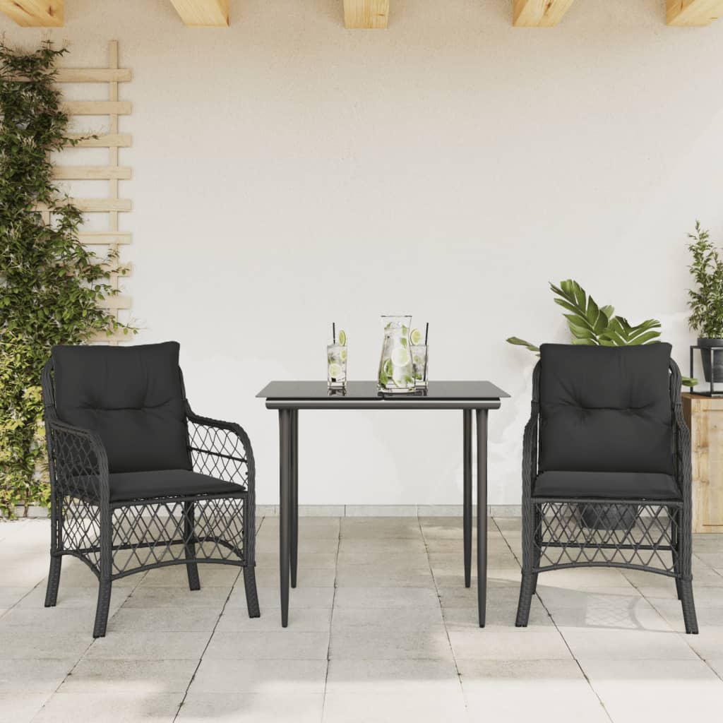 3-dijelni bistro set s jastucima crni od poliratana Crna 80 cm table length