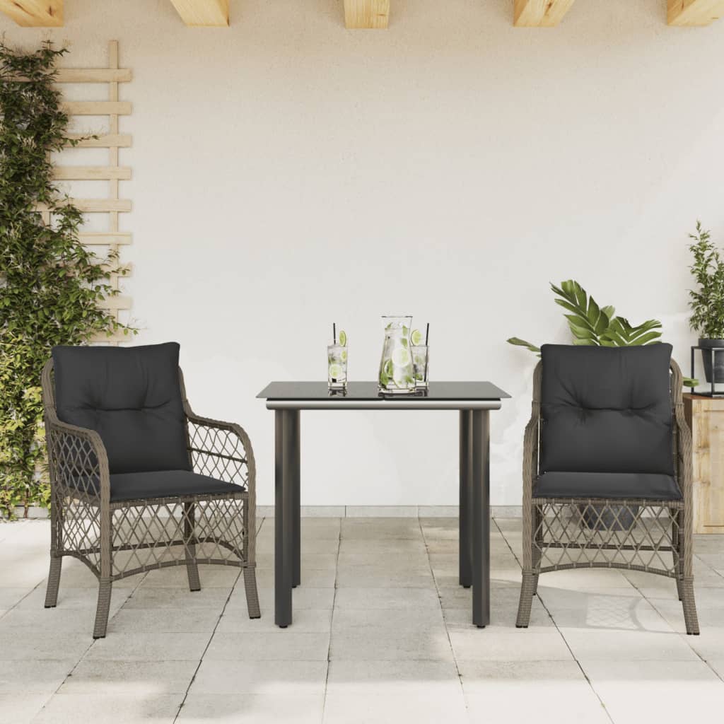 3-dijelni bistro set od poliratana s jastucima sivi