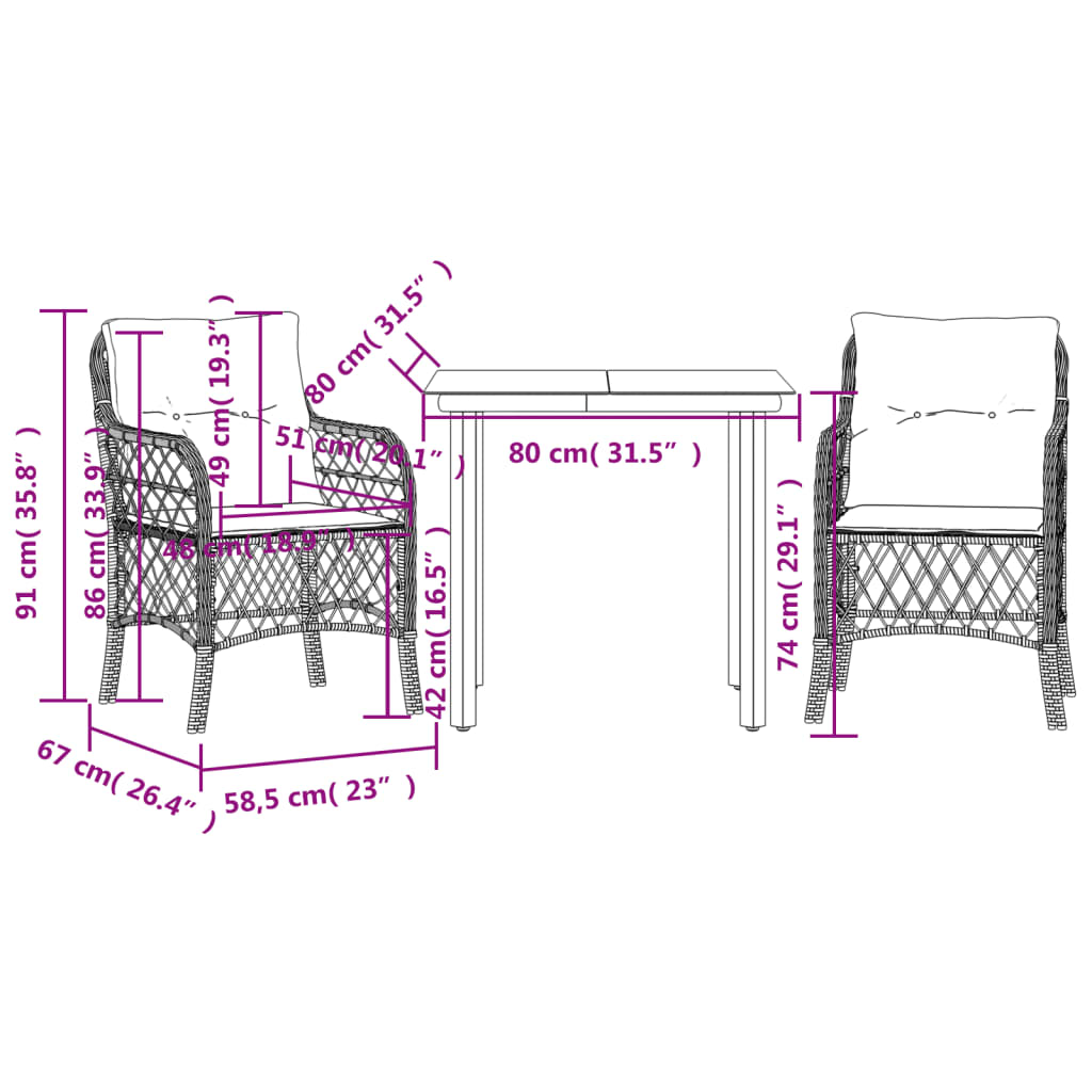 3-dijelni bistro set s jastucima bež od poliratana 80 cm table length