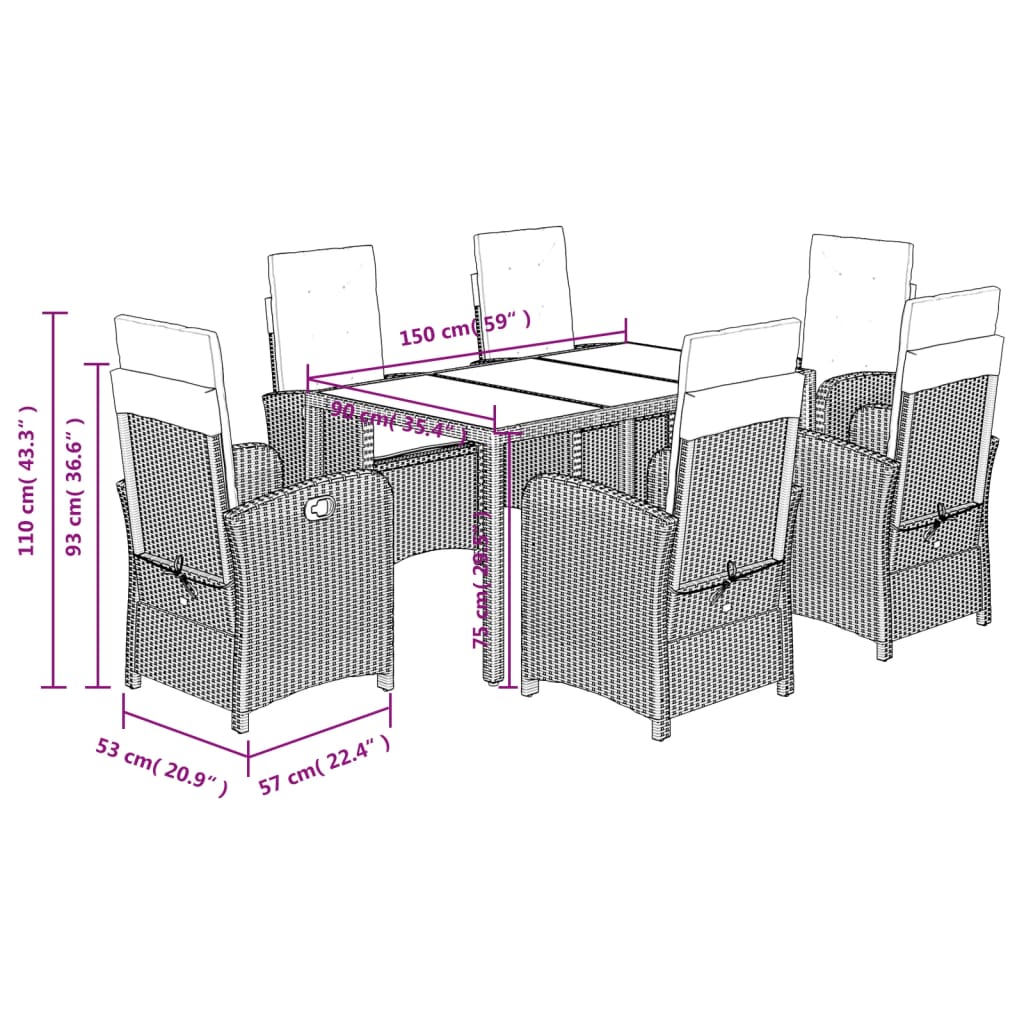 7-dijelni vrtni blagovaonski set s jastucima crni od poliratana Crna 150 cm table length