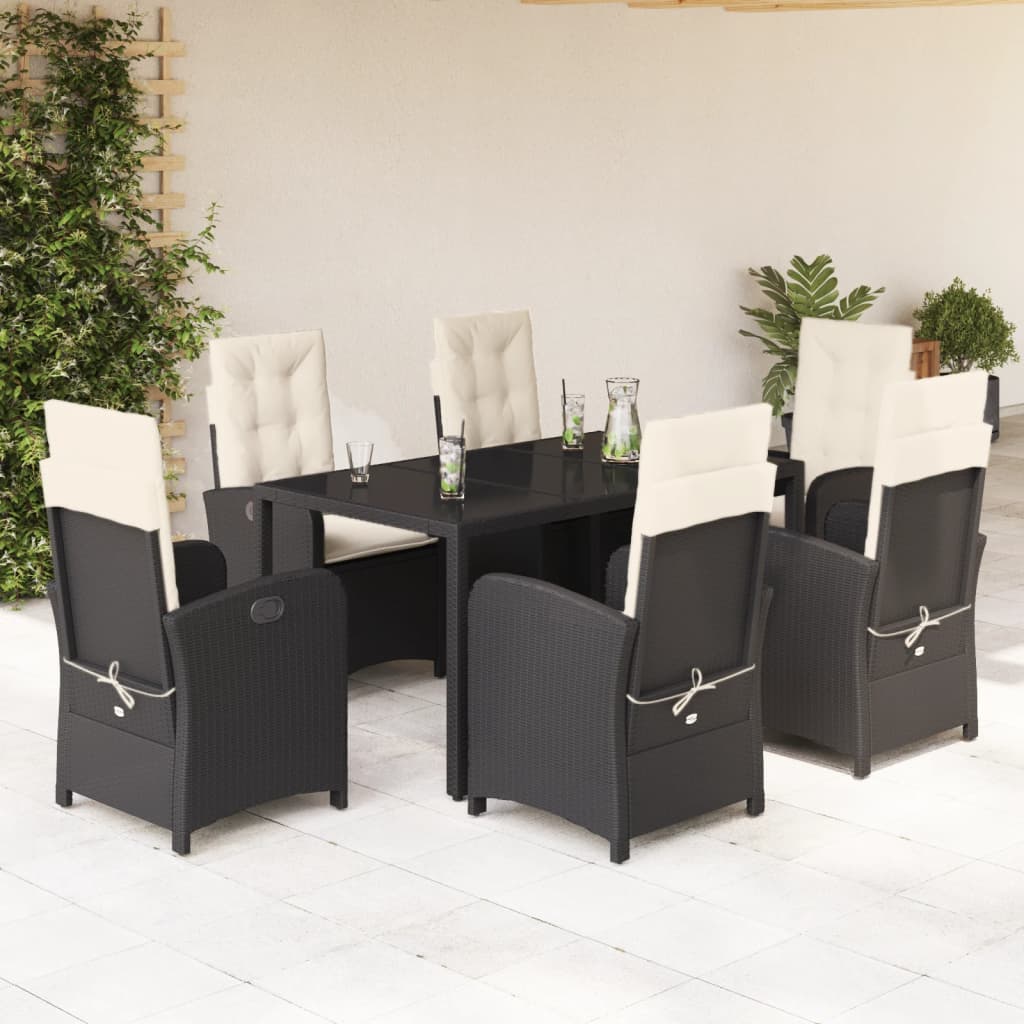 7-dijelni vrtni blagovaonski set s jastucima crni od poliratana Crna 150 cm table length