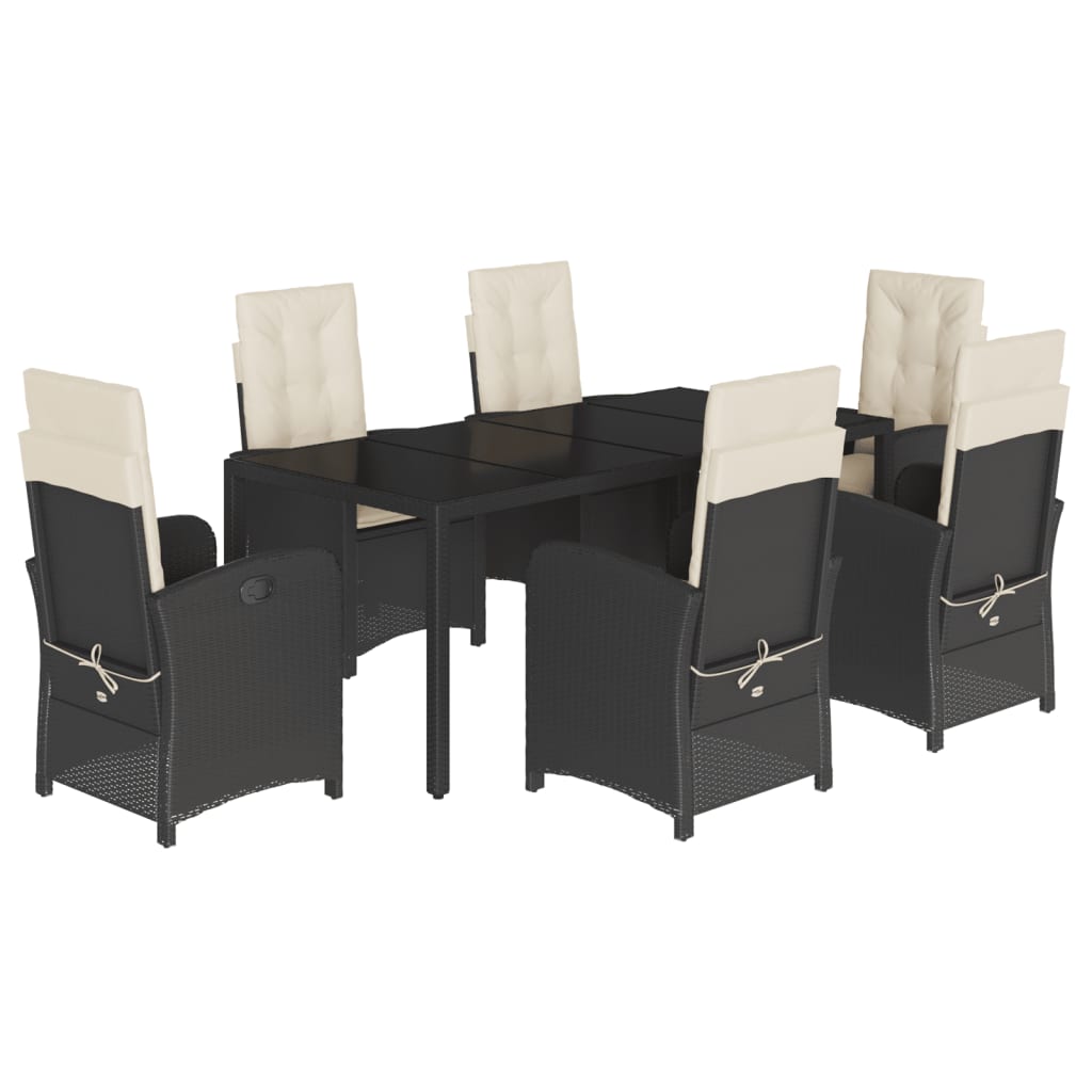 7-dijelni vrtni blagovaonski set s jastucima crni od poliratana Crna 190 cm table length