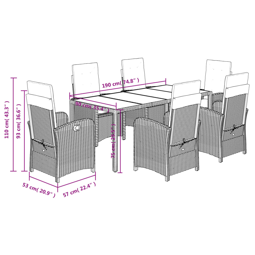7-dijelni vrtni blagovaonski set s jastucima crni od poliratana Crna 190 cm table length