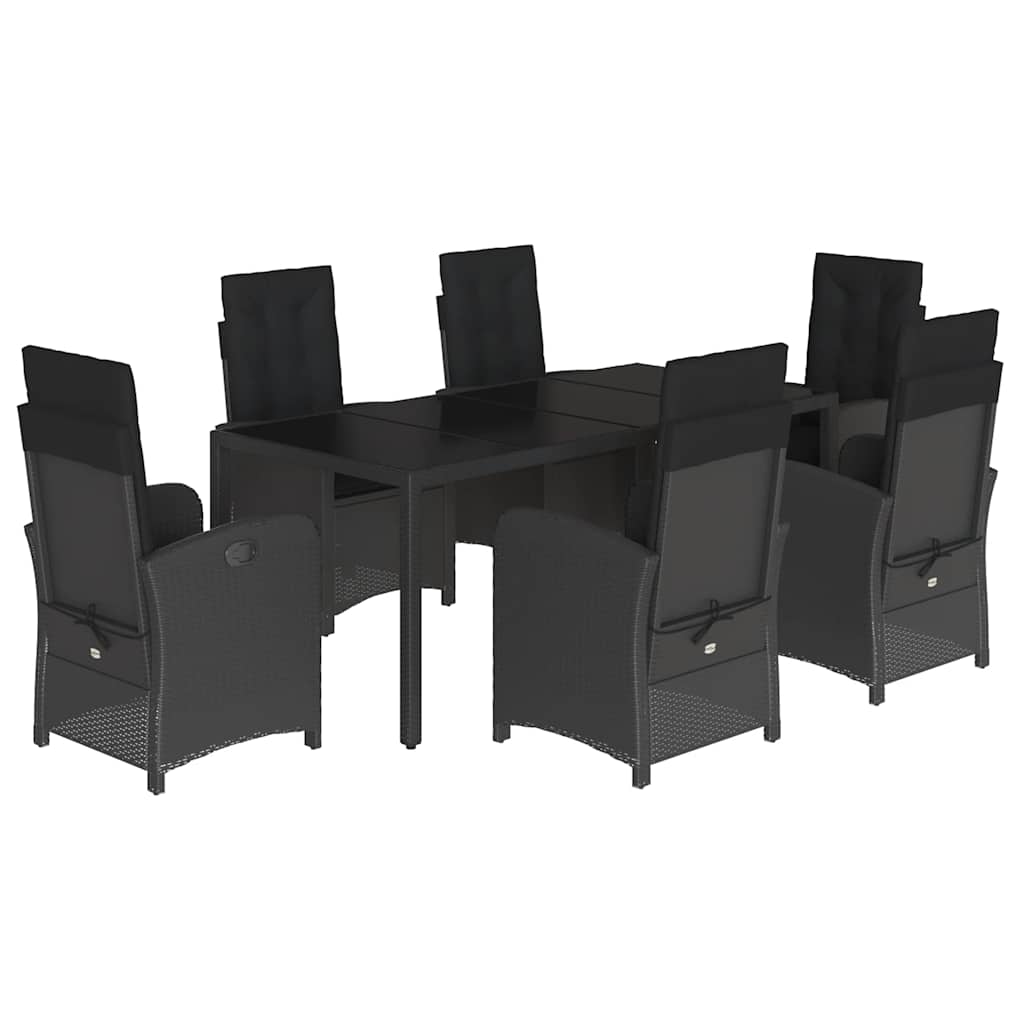 7-dijelni vrtni blagovaonski set s jastucima crni od poliratana Crna 190 cm table length