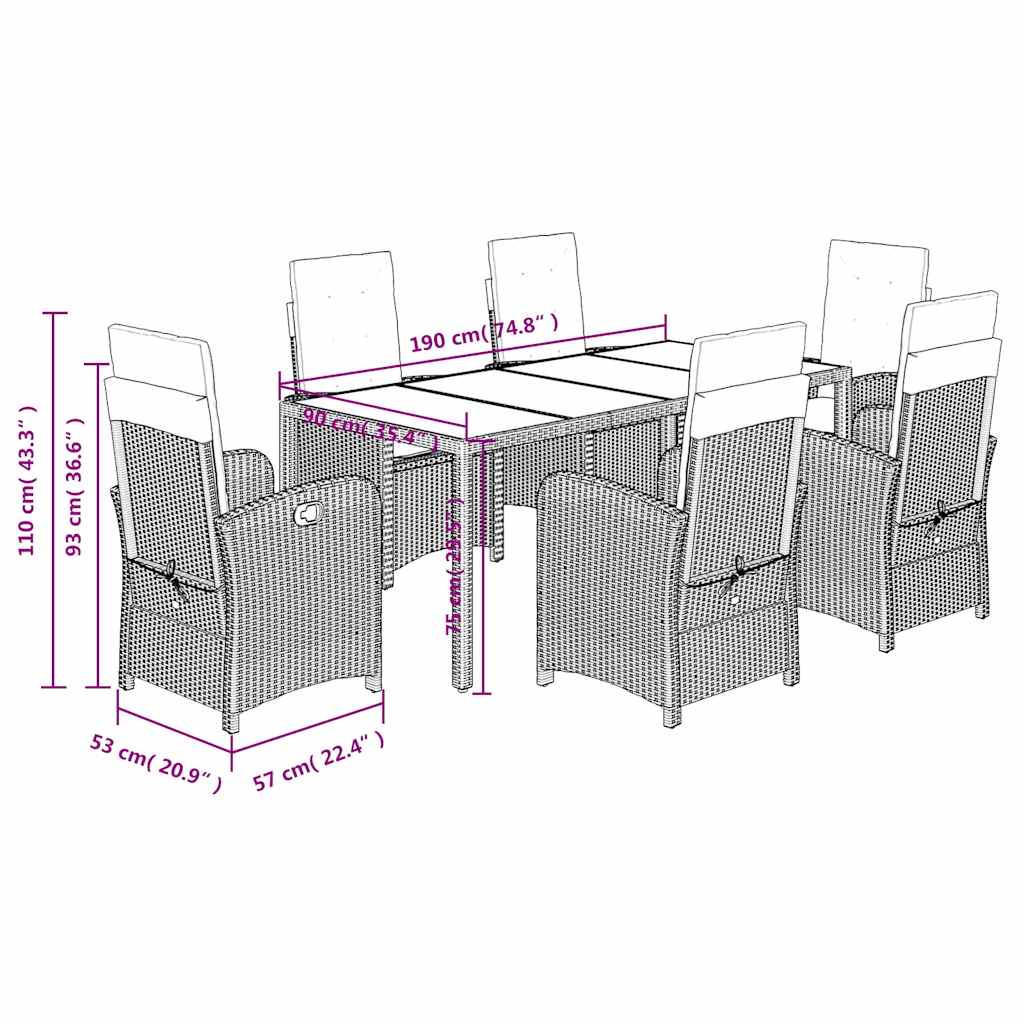 7-dijelni vrtni blagovaonski set s jastucima crni od poliratana Crna 190 cm table length