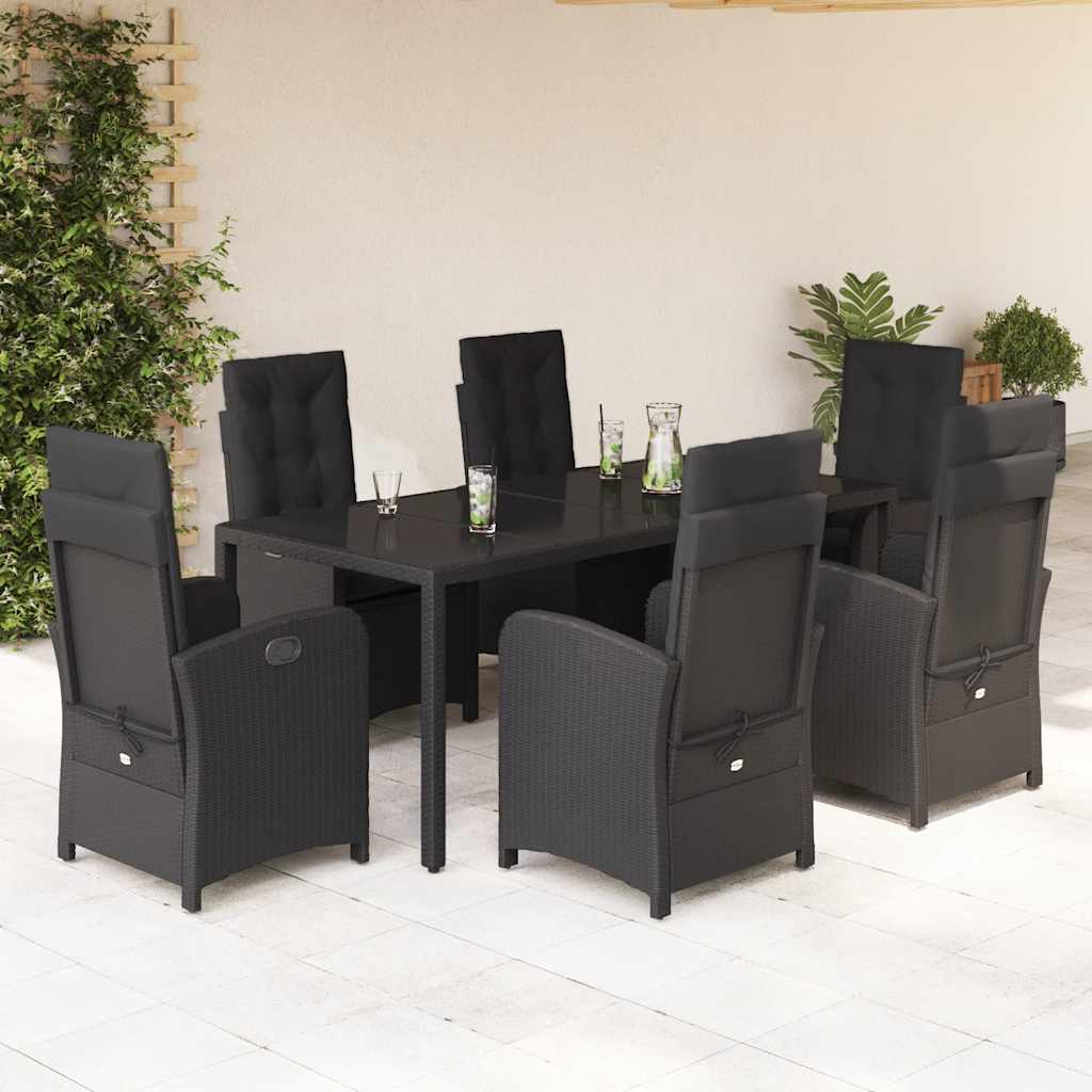 7-dijelni vrtni blagovaonski set s jastucima crni od poliratana Crna 190 cm table length