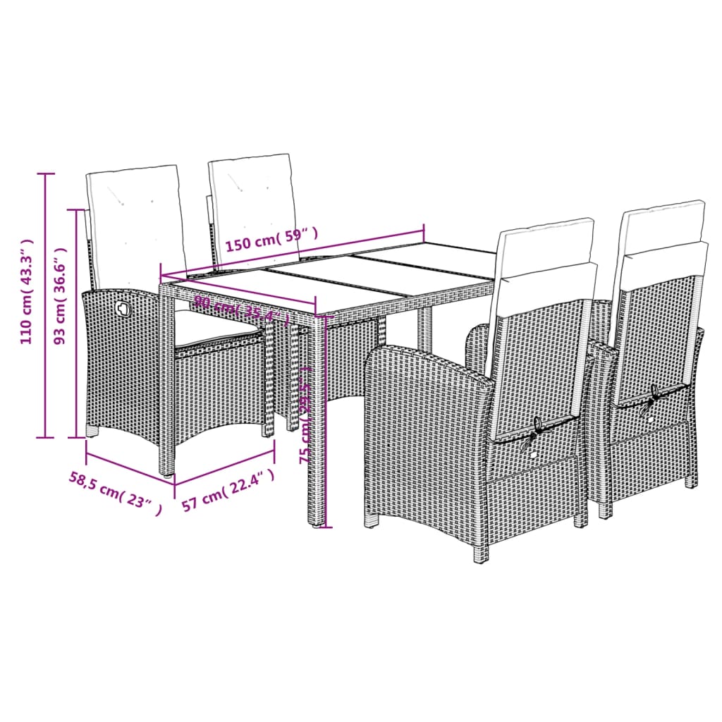 5-dijelni vrtni blagovaonski set sivi od poliratana Siva 150 cm table length