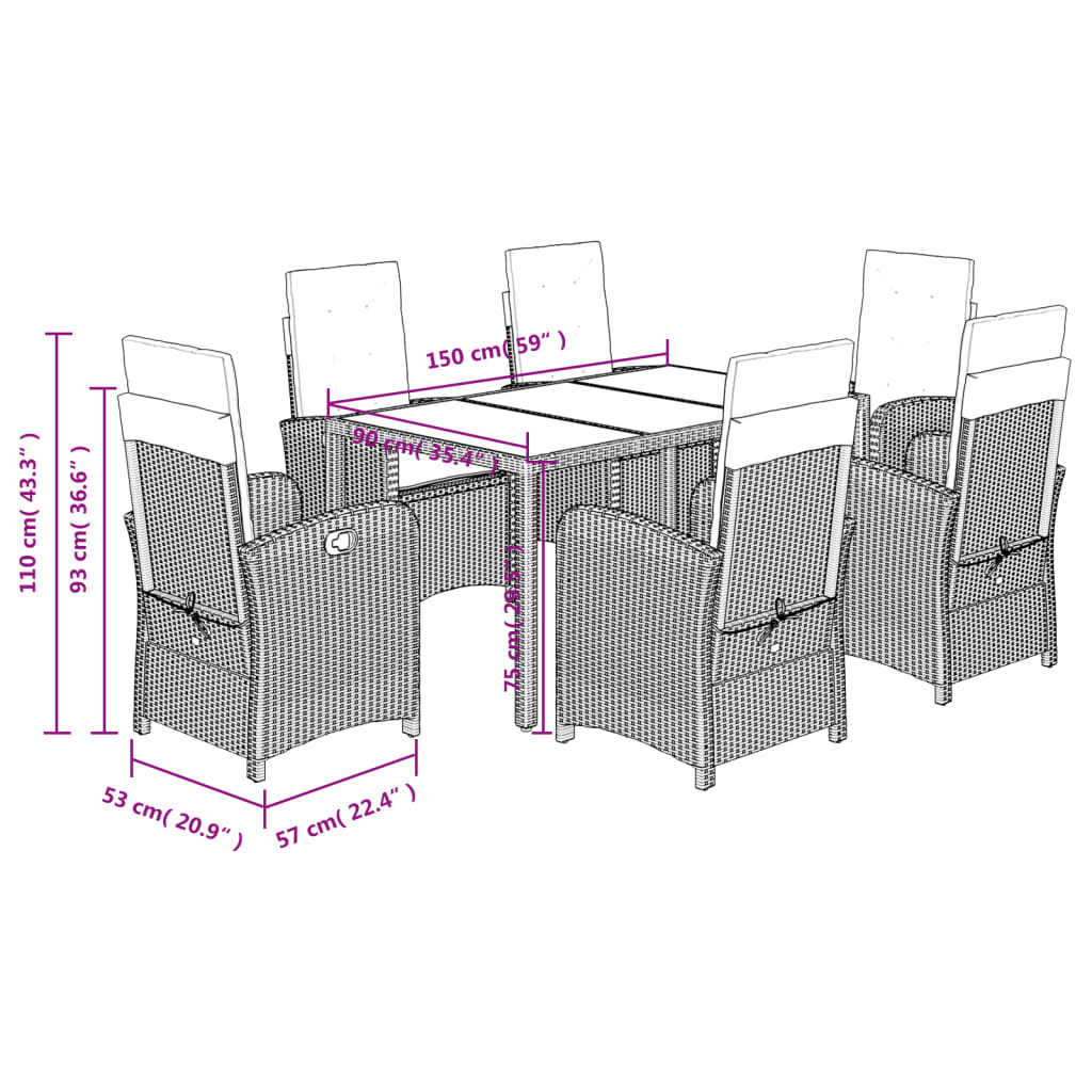 7-dijelni vrtni blagovaonski set sivi od poliratana Siva 150 cm table length
