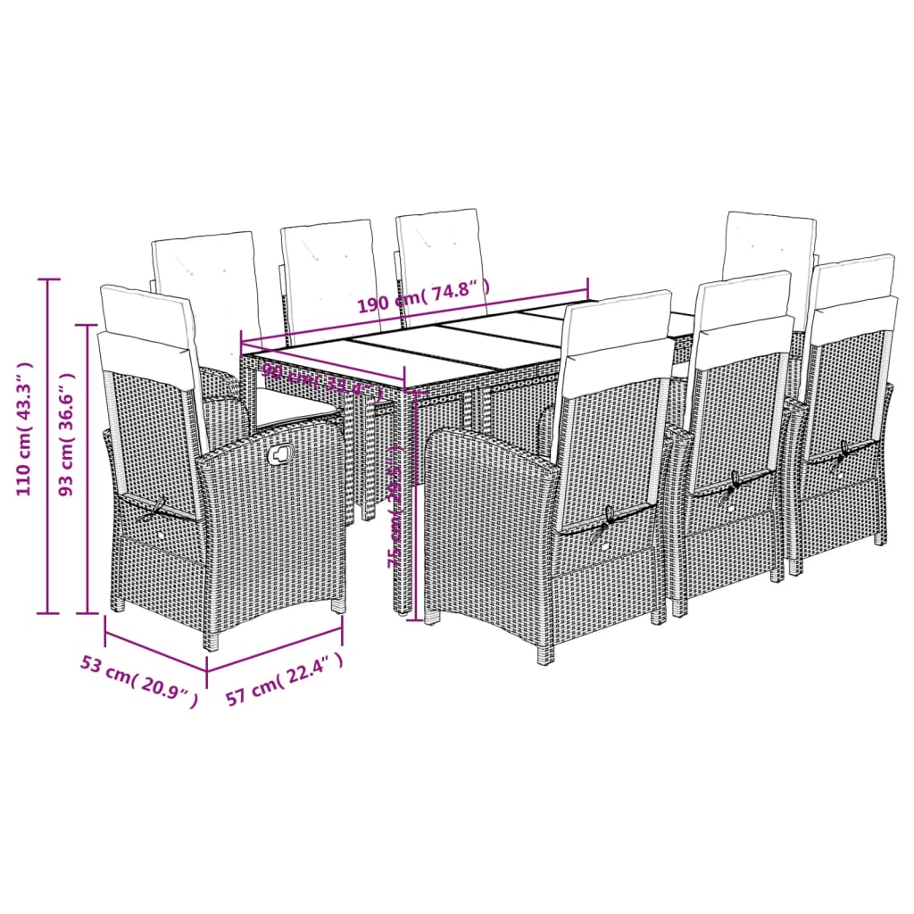 9-dijelni vrtni blagovaonski set sivi od poliratana Siva 190 cm table length