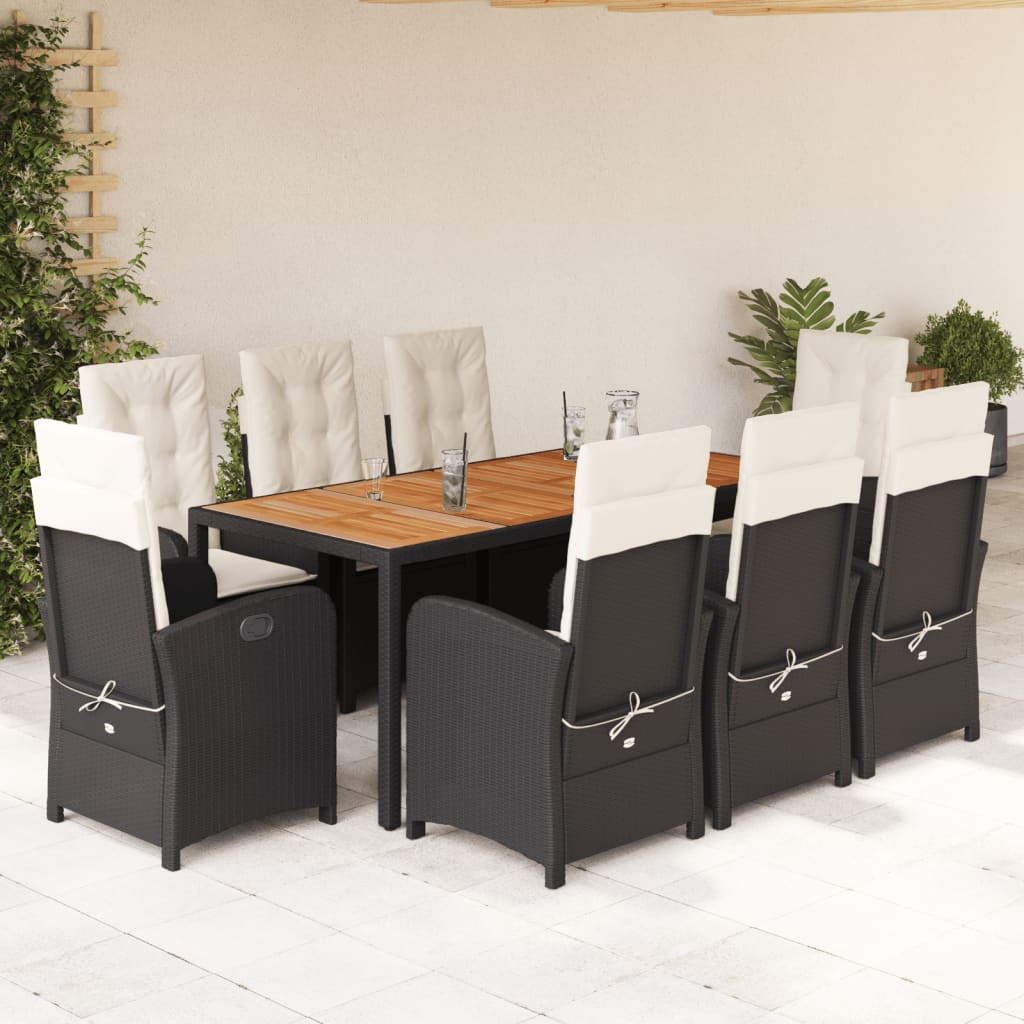 9-dijelni vrtni blagovaonski set s jastucima crni od poliratana Crna Dužina stola 190 cm