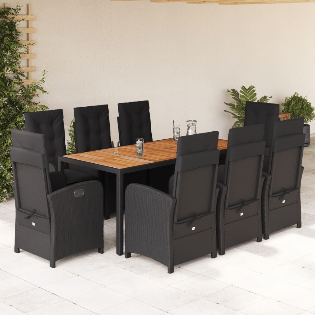 9-dijelni vrtni blagovaonski set s jastucima crni od poliratana Crna Dužina stola 190 cm
