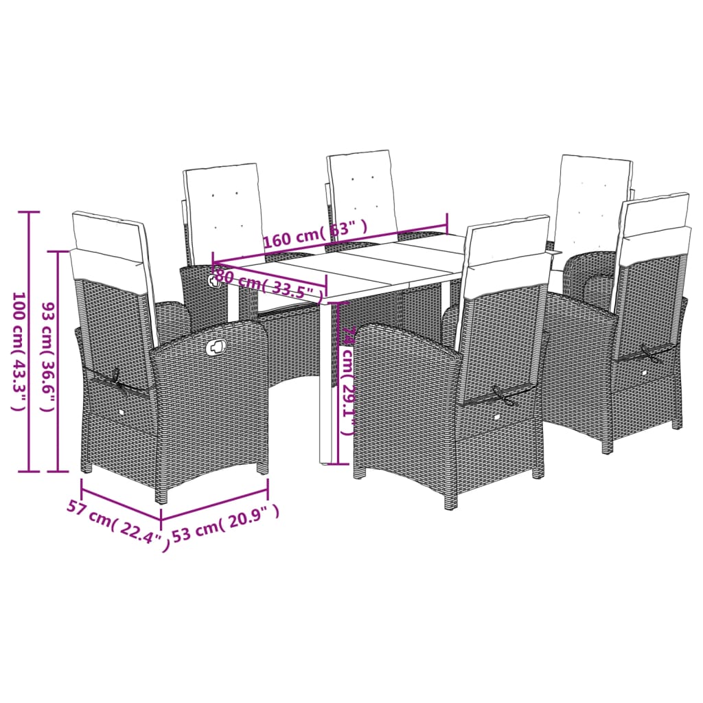 7-dijelni vrtni blagovaonski set s jastucima crni od poliratana Crna 160 cm table length