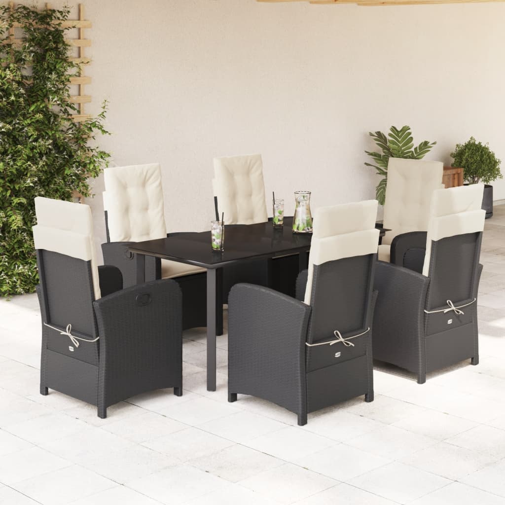 7-dijelni vrtni blagovaonski set s jastucima crni od poliratana Crna 160 cm table length