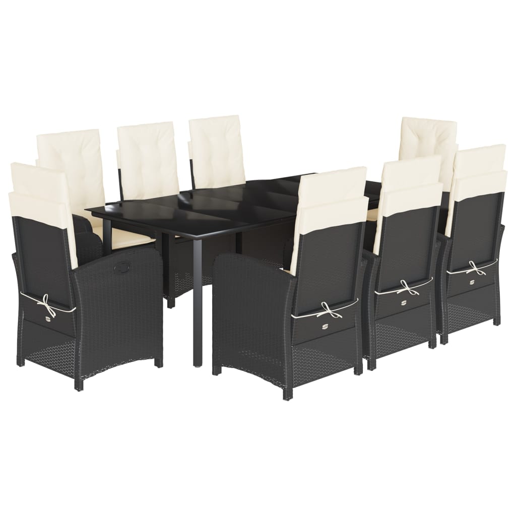 9-dijelni vrtni blagovaonski set s jastucima crni od poliratana Crna 200 cm table length