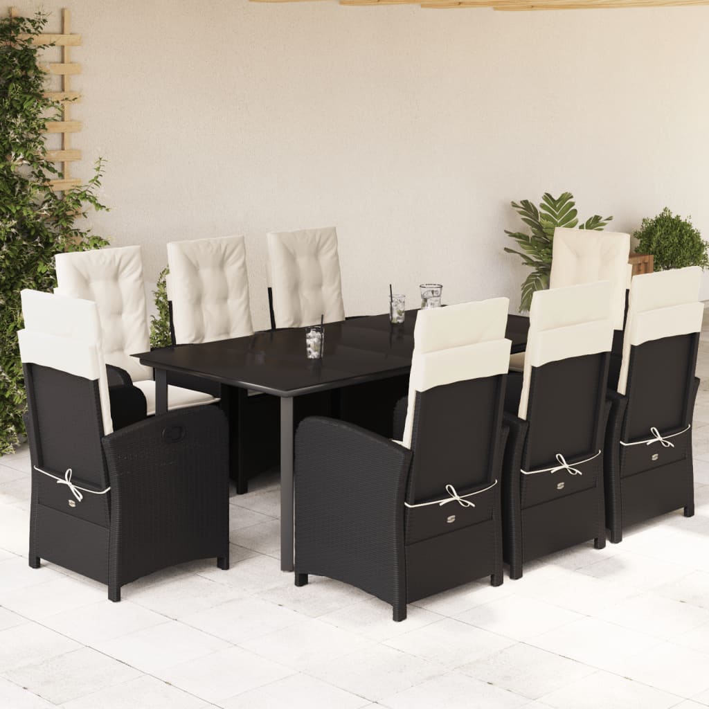 9-dijelni vrtni blagovaonski set s jastucima crni od poliratana Crna 200 cm table length