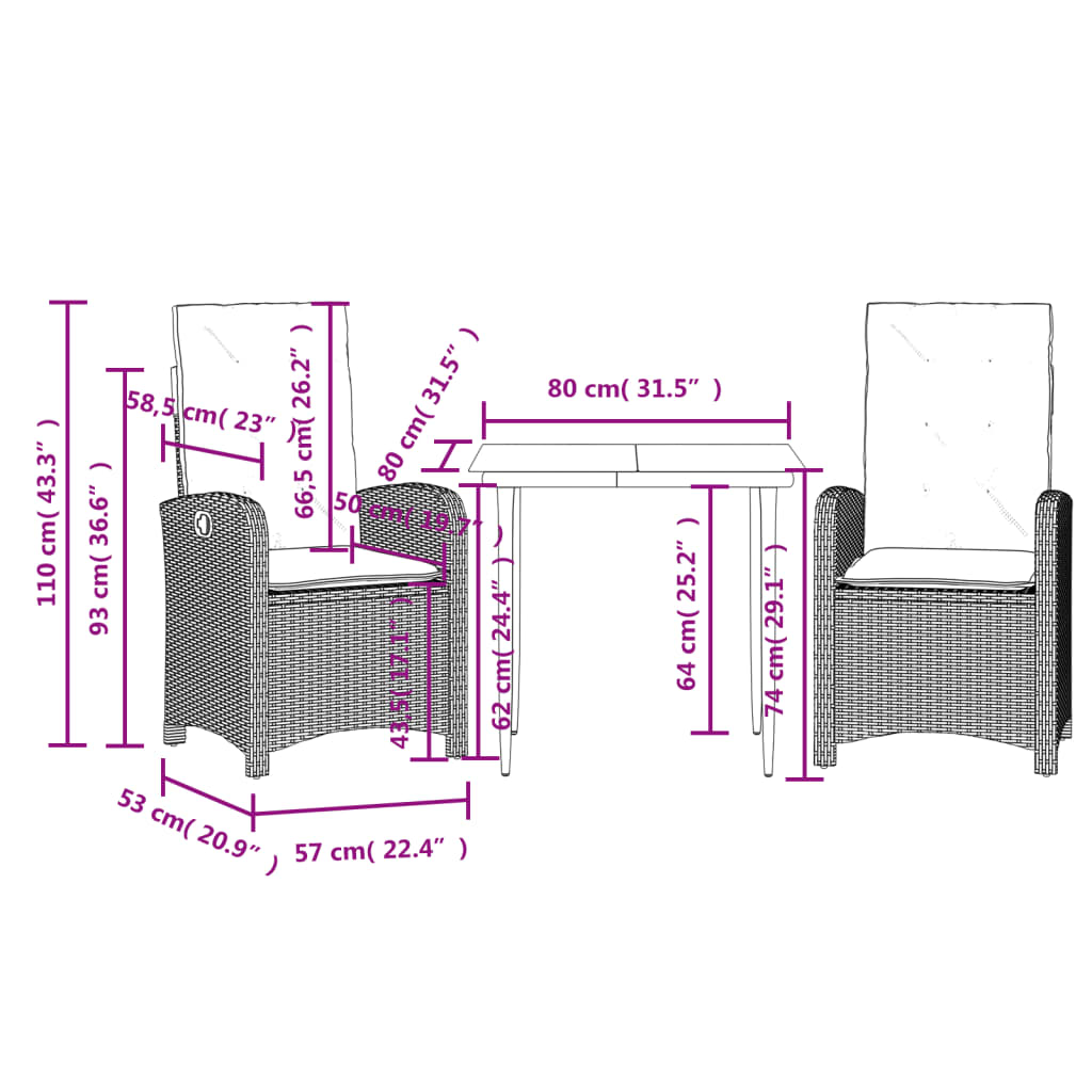 3-dijelni vrtni blagovaonski set s jastucima od poliratana crni Crna 80 cm table length