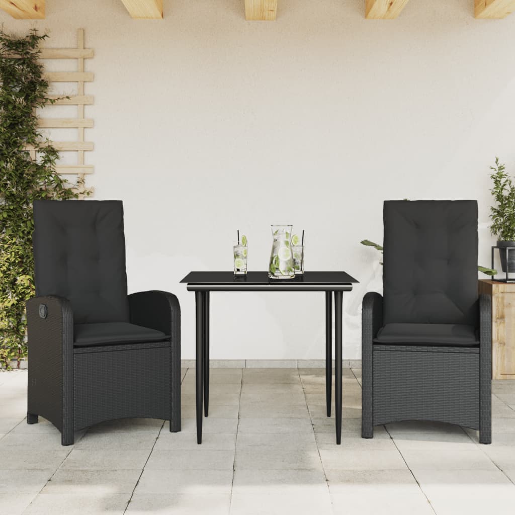 3-dijelni vrtni blagovaonski set s jastucima od poliratana crni Crna 80 cm table length