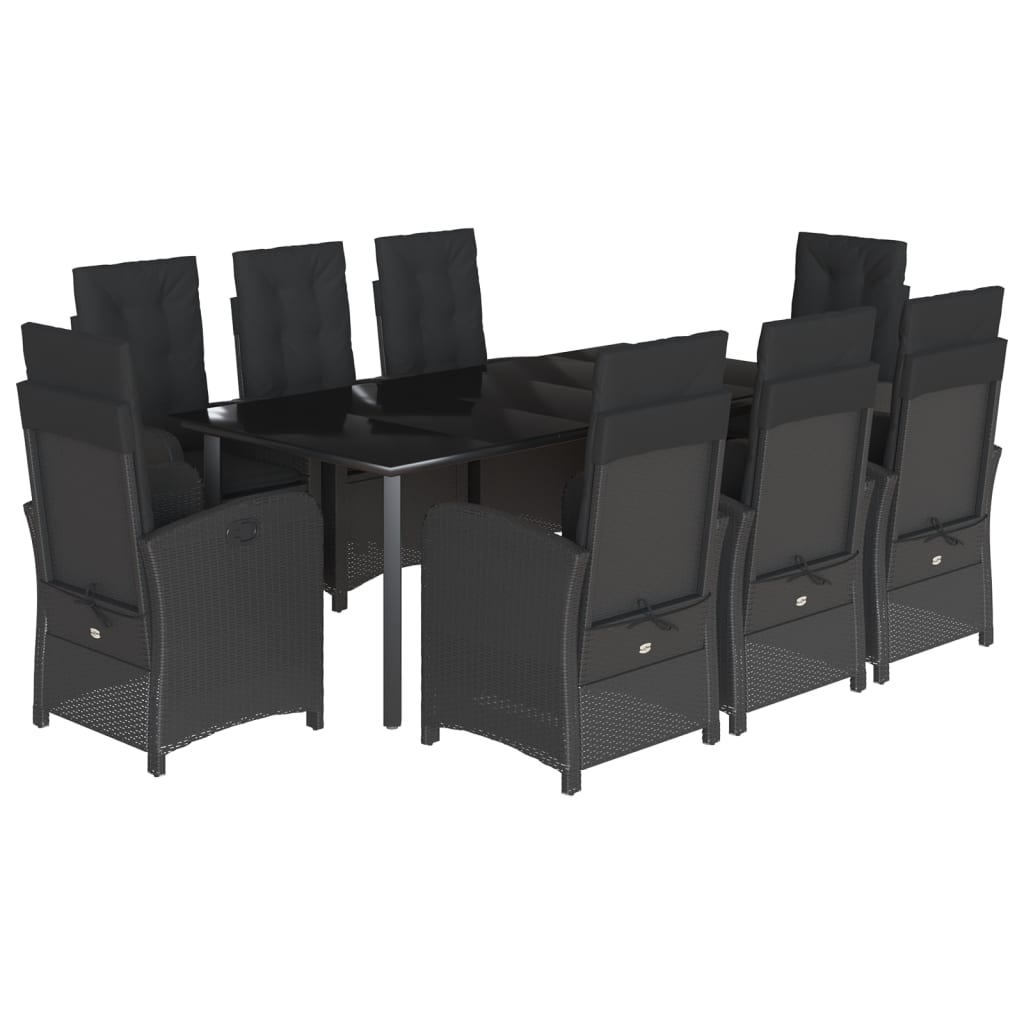 9-dijelni vrtni blagovaonski set s jastucima crni od poliratana Crna 200 cm table length
