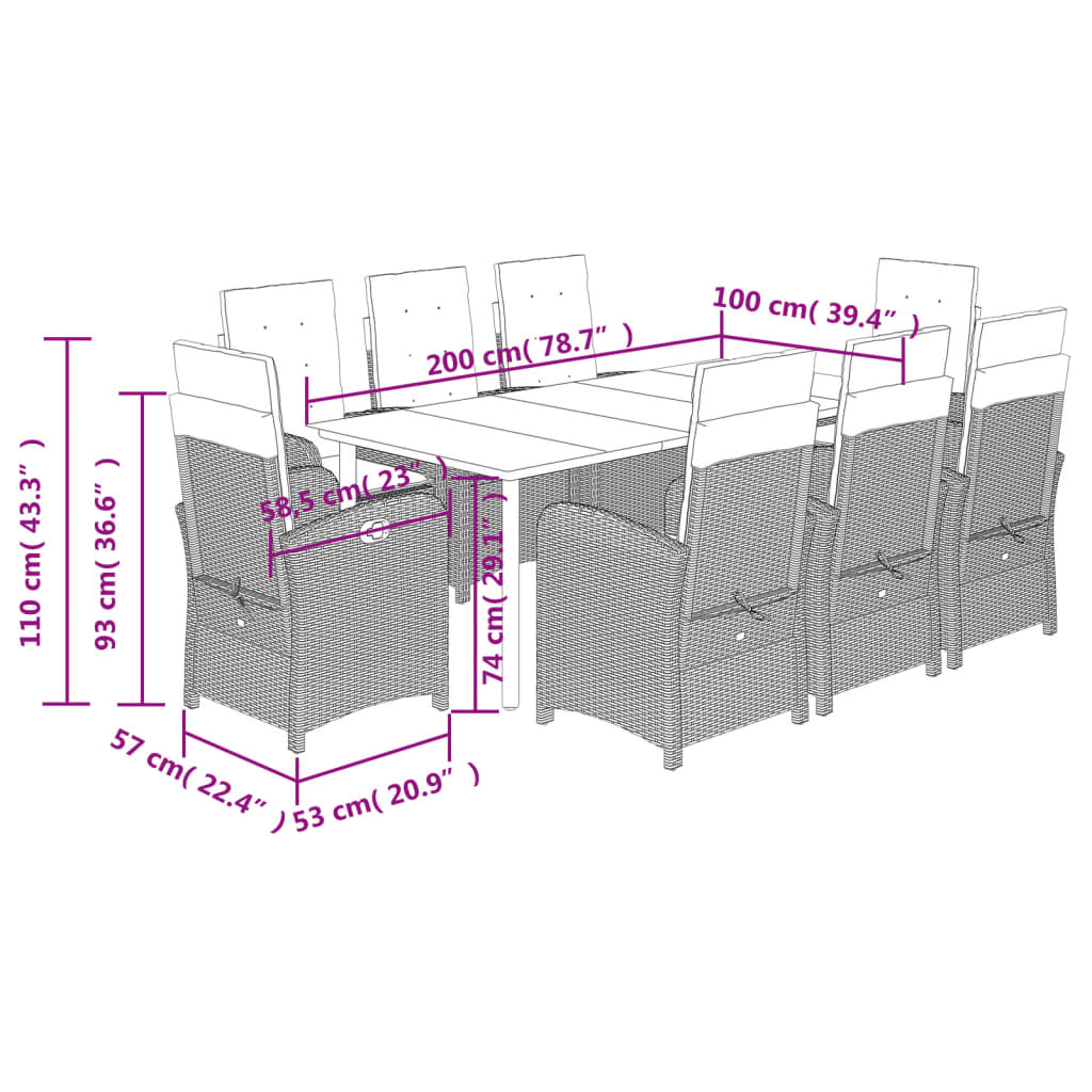 9-dijelni vrtni blagovaonski set s jastucima crni od poliratana Crna 200 cm table length