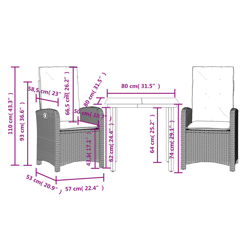 3-dijelni vrtni blagovaonski set sivi od poliratana Siva Dužina stola 80 cm