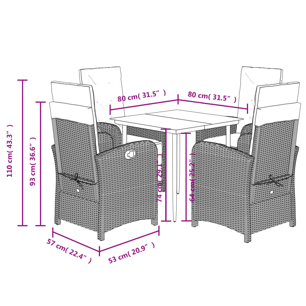 5-dijelni vrtni blagovaonski set od poliratana s jastucima bež 80 cm table length