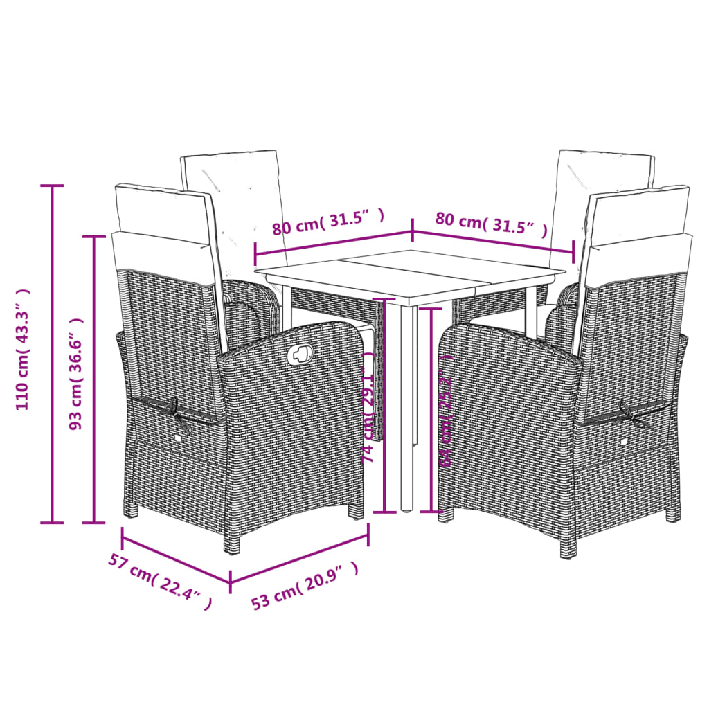 5-dijelni vrtni blagovaonski set od poliratana s jastucima bež 80 cm table length