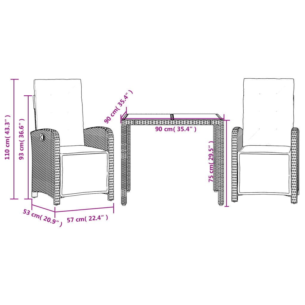 3-dijelni bistro set s jastucima crni od poliratana Crna Dužina stola 90 cm