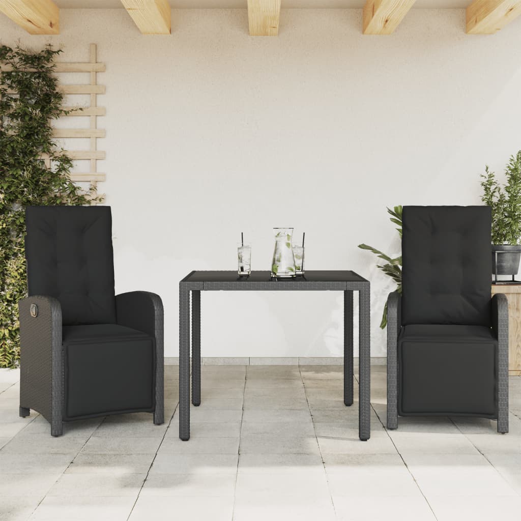 3-dijelni bistro set s jastucima crni od poliratana Crna Dužina stola 90 cm