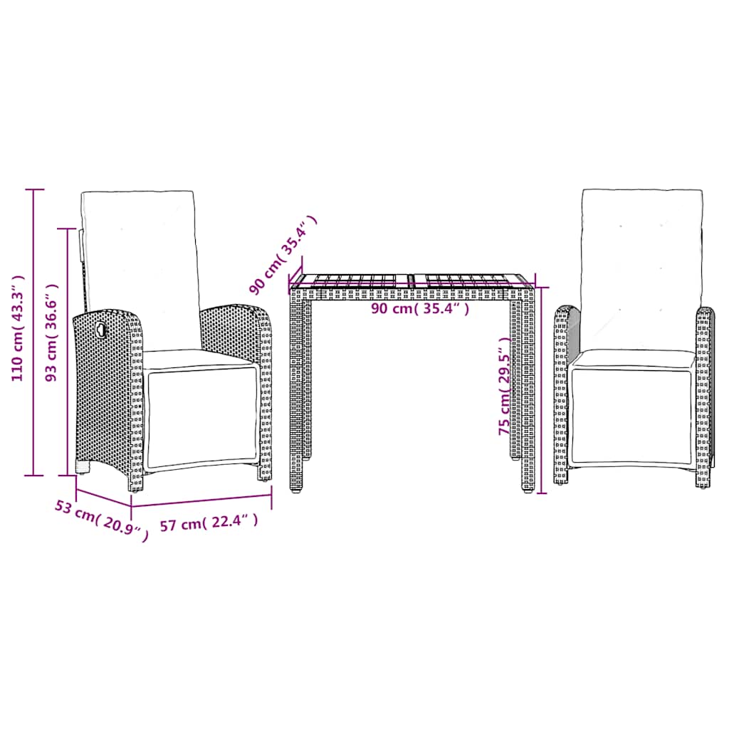 3-dijelni bistro set s jastucima crni od poliratana Crna Dužina stola 90 cm