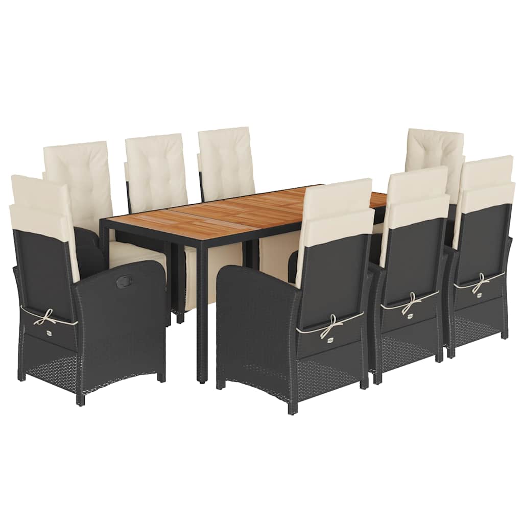 9-dijelni vrtni blagovaonski set s jastucima crni od poliratana Crna Dužina stola 190 cm