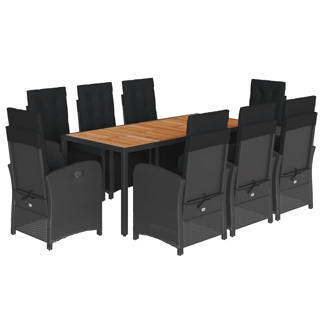 9-dijelni vrtni blagovaonski set s jastucima crni od poliratana Crna Dužina stola 190 cm