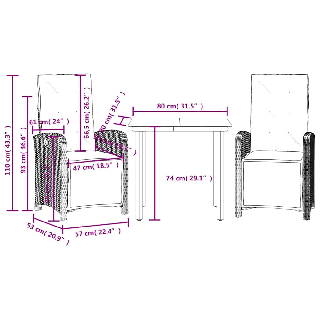 3-dijelni bistro set s jastucima bež od poliratana Dužina stola 80 cm