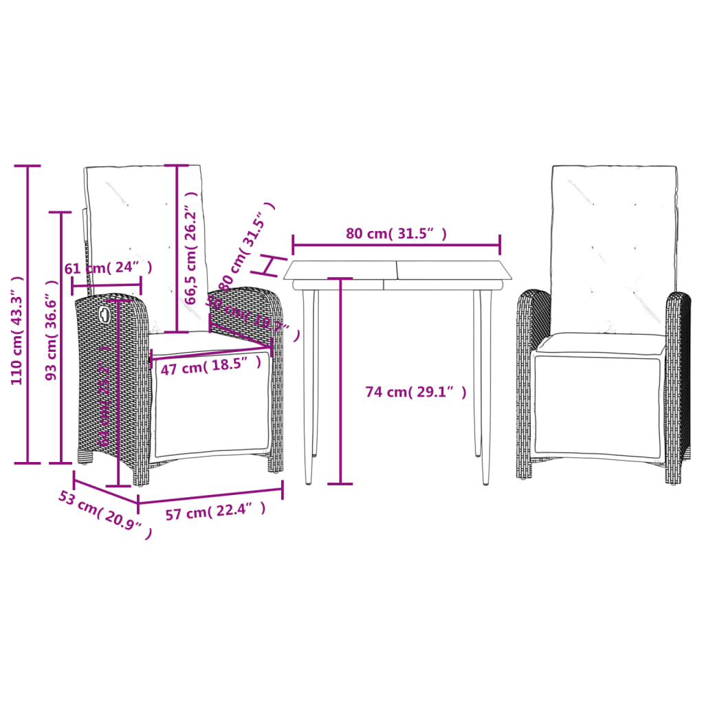 3-dijelni bistro set s jastucima svjetlosivi od poliratana Siva Dužina stola 80 cm