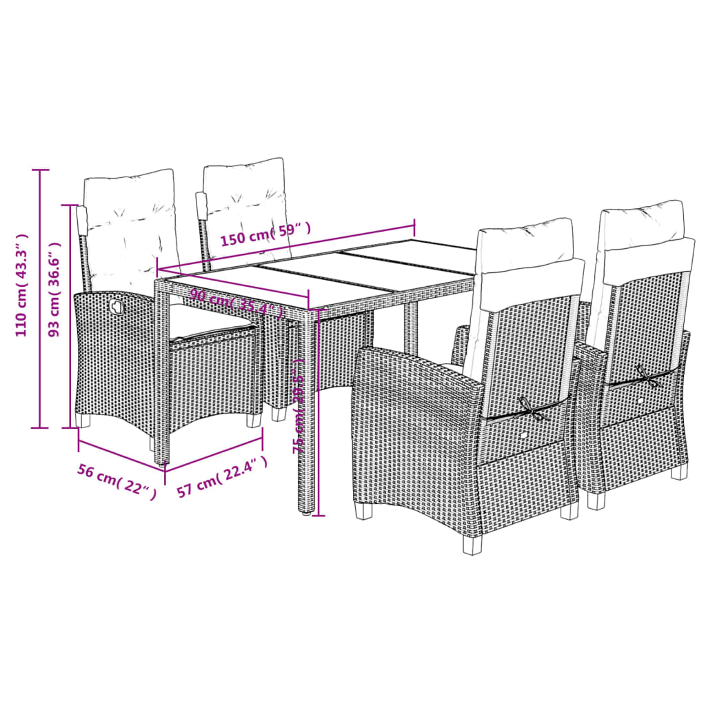 5-dijelni vrtni blagovaonski set s jastucima od poliratana crni Crna 150 cm table length