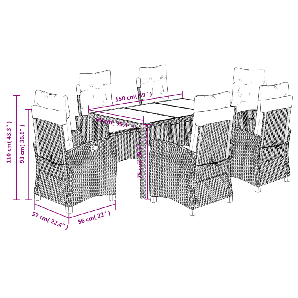 7-dijelni vrtni blagovaonski set s jastucima crni od poliratana Crna 150 cm table length