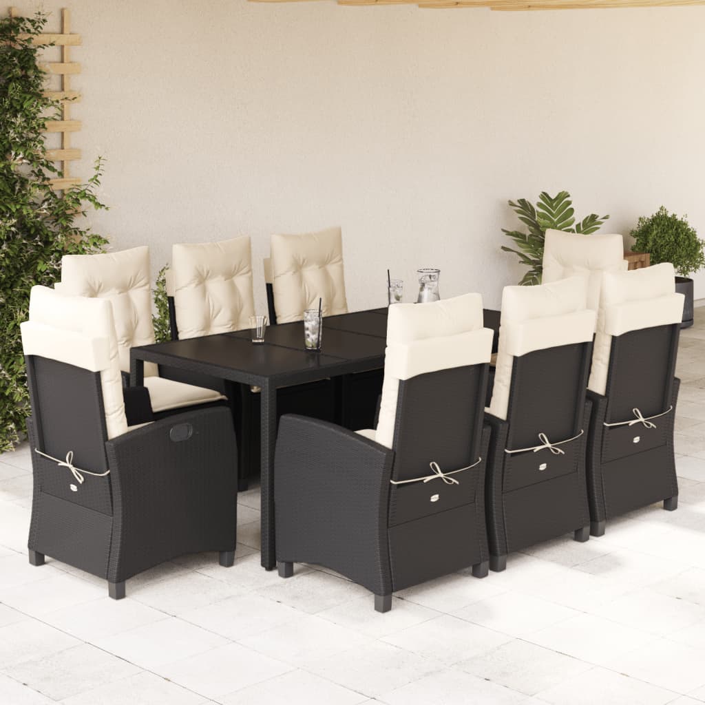 9-dijelni vrtni blagovaonski set s jastucima crni od poliratana Crna 190 cm table length