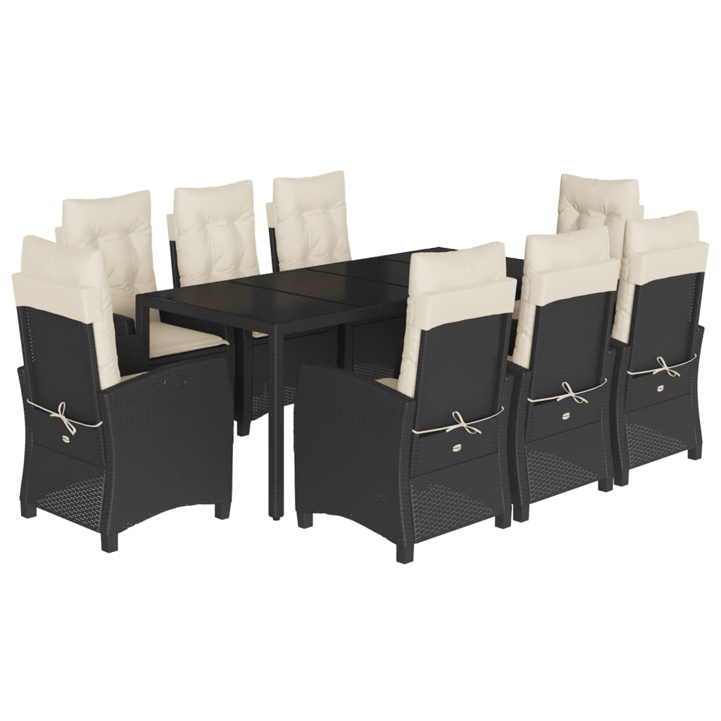 9-dijelni vrtni blagovaonski set s jastucima crni od poliratana Crna 190 cm table length